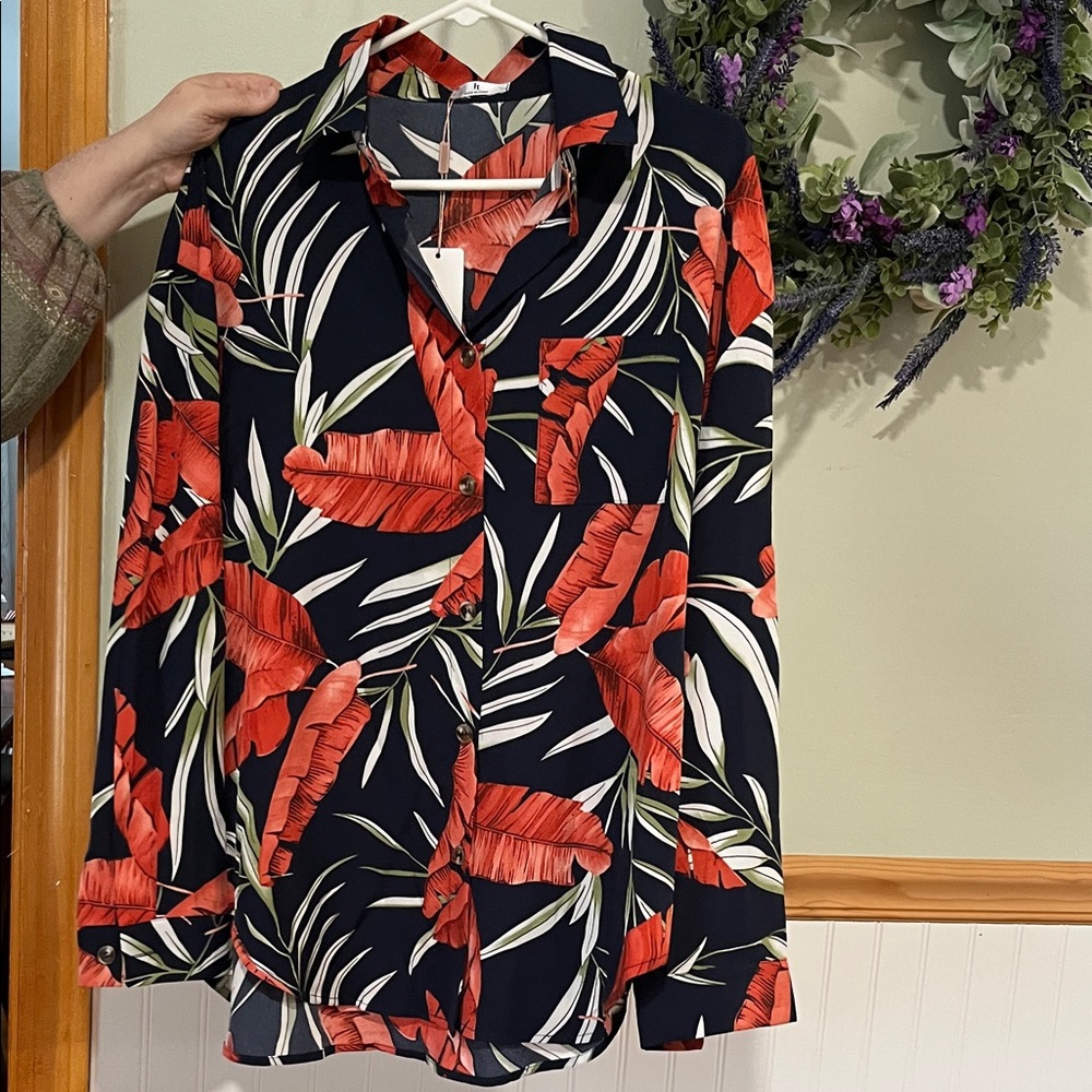 Navy Button-Down Shirt with Red Tropical Leaf Print
